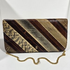 Vintage Snakeskin Patchwork Envelope Clutch Brown Tan Karung Leather Convertible